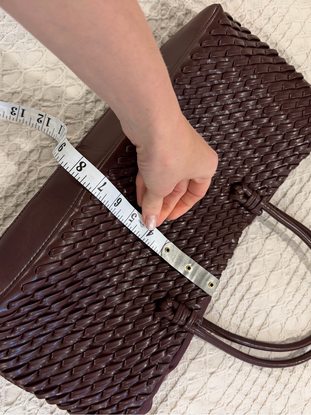 Woven Vegan Leather Shoulder Tote in Deep Burgundy - Picture 11 of 12